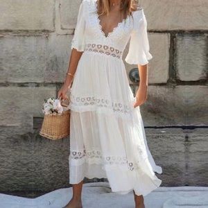 New w/tag - wildflower sundress white midi dress ruffles prairie lace